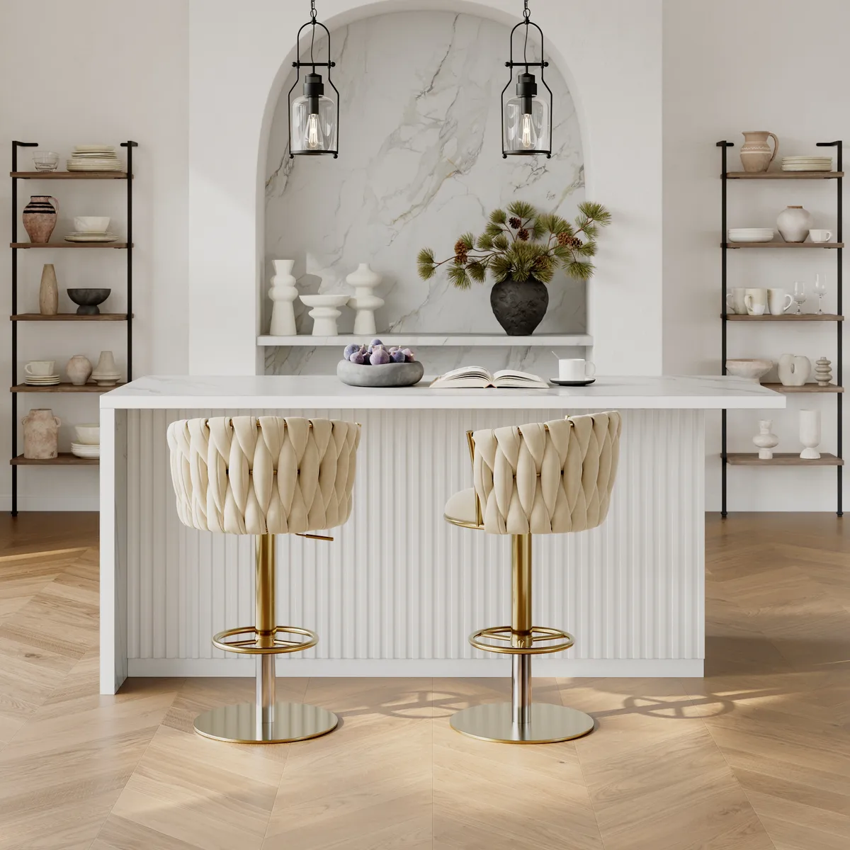 Sweave Set of 2 Gray Swivel Bar Stools Velvet Curved Back Adjustable Height — image 6