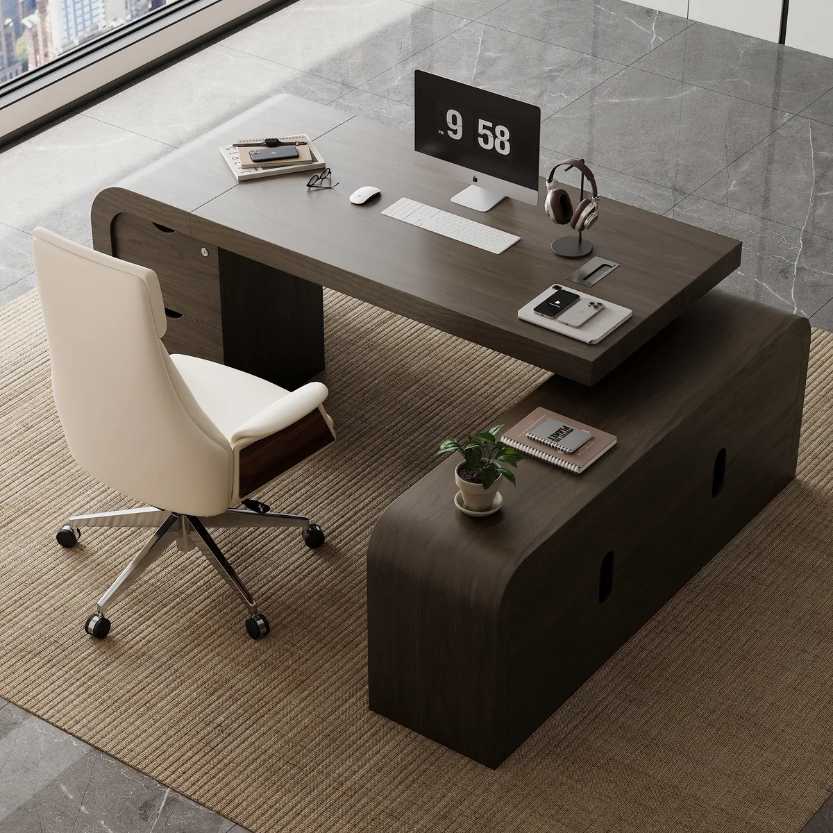 Chicent 71'' L-shaped Smoked Brown Computer Desk with Cabinet Left Hand — image 15