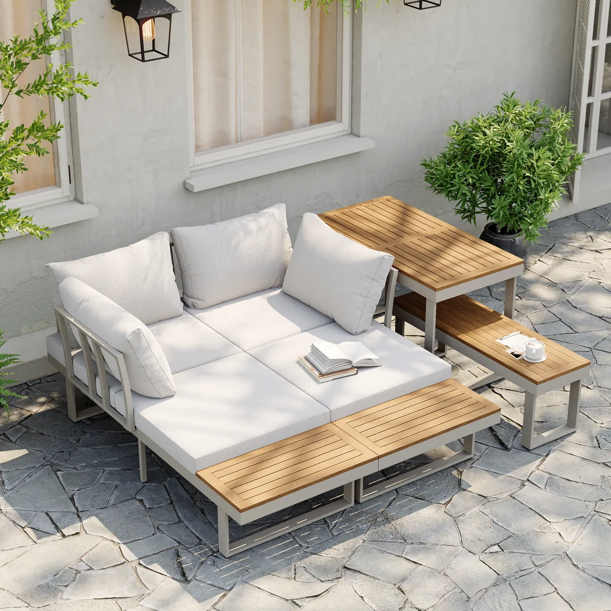 Slatera Outdoor Acacia & Aluminum Modular Sofa Set in Dark Gray with Black Cover — image 4