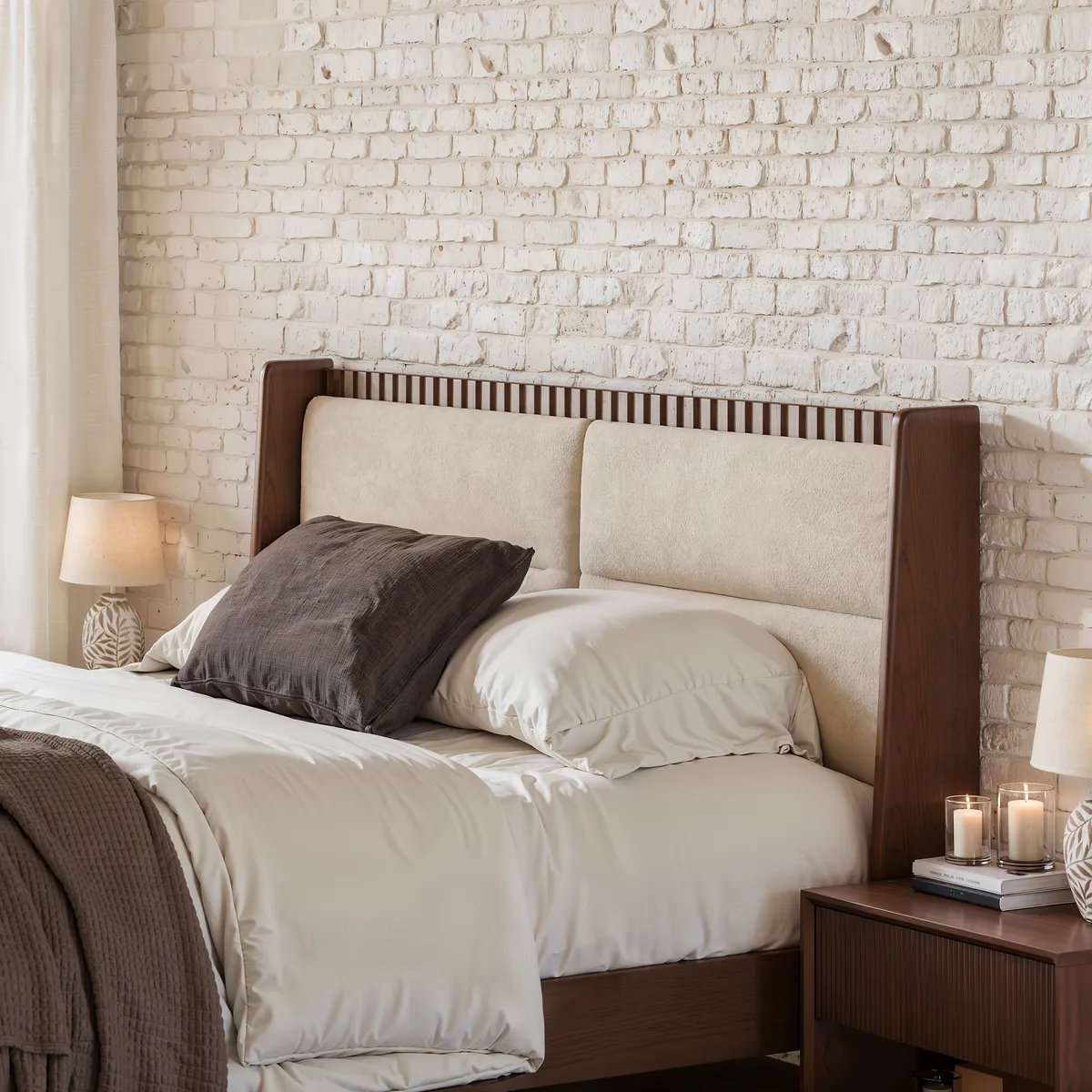 Modern Black Queen Size Solid Wood Bed with Boucle Headboard Pillows — image 15