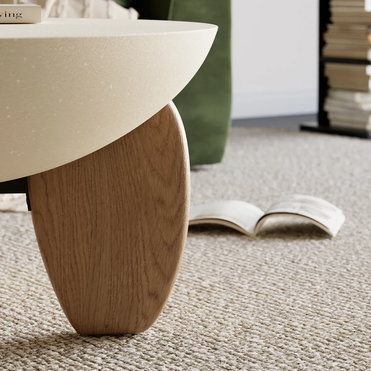 Curva Round Concrete Walnut Coffee Table with Wood Legs — image 26
