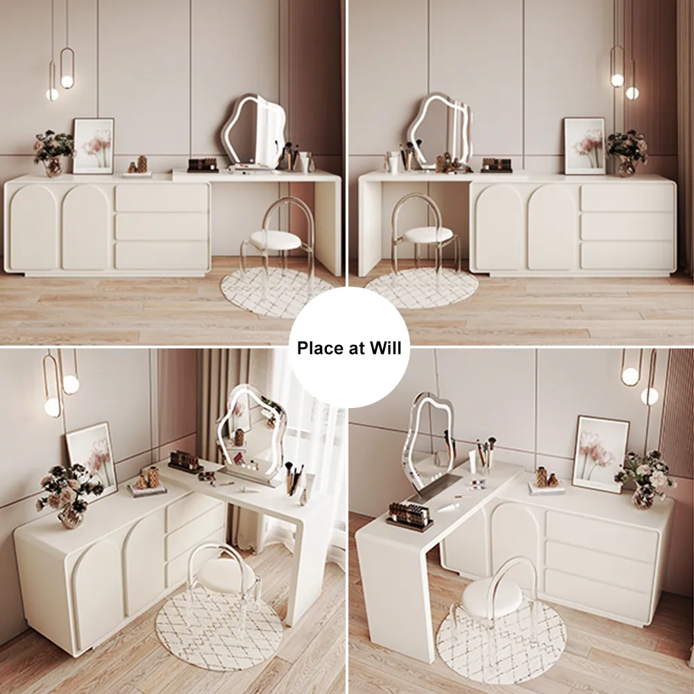 Modern White Makeup Vanity Retractable Dressing Table with Doors & Drawers Beauty Station for Bedroom — image 6