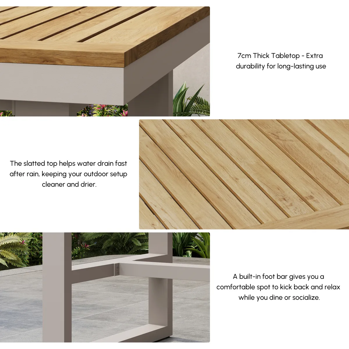 Tevara Outdoor Teak Wood Slat Top & Sand Aluminum Frame Bar Table for Patio — image 17