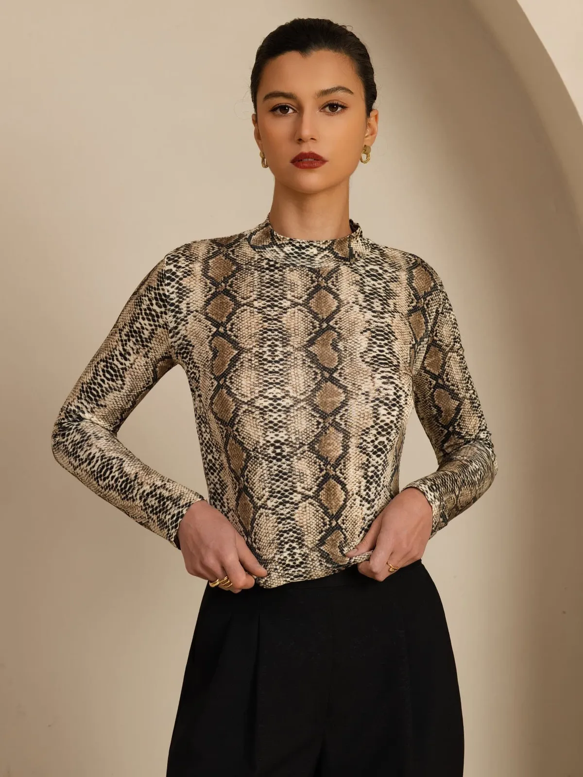 100% Mulberry Silk Wild Animal Print Women's Long Sleeve Mock Neck Top — image 4