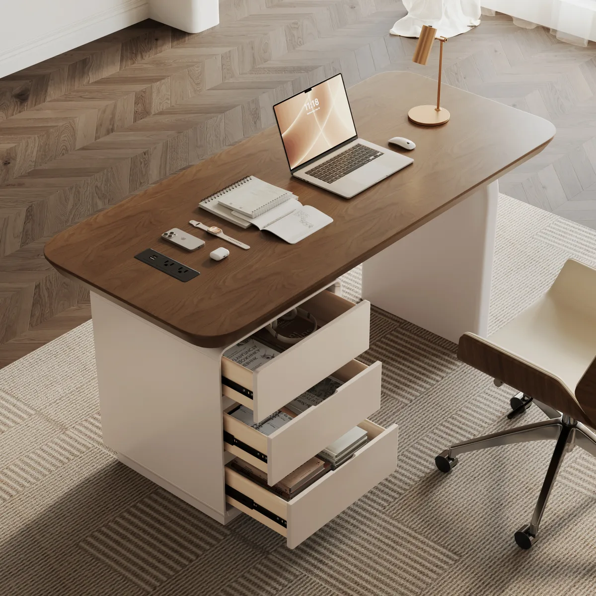 Modern 63” Rectangular Walnut Wood Desk with charging station & storage — image 7
