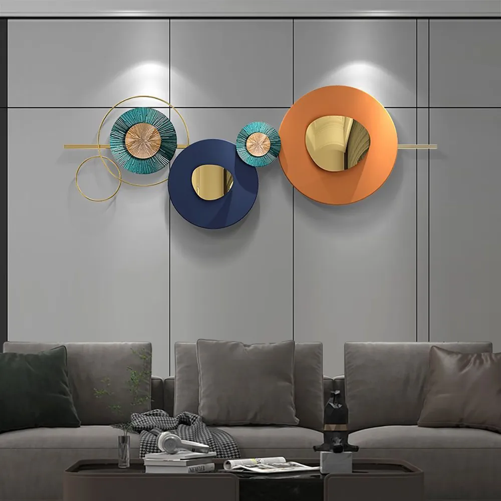 Modern Round Metal Wall Art 59" x 23" Geometric Decor in Orange & Gold & Blue Living Room — image 5