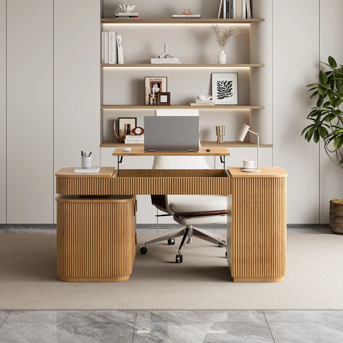 Modern 65" L-Shape Natural Executive Desk with Right-Side Cabinet — image 12