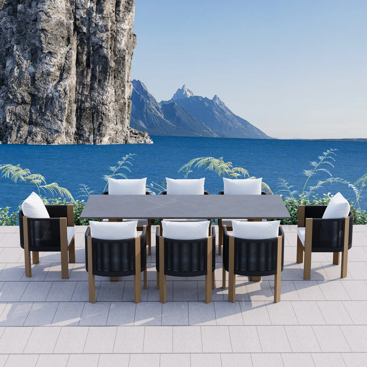 7 PCS 70.9" Faux Marble Outdoor Dining Table Set with Woven Rope Chairs in Gray for 6 Person Patio & Yard Large Marble Outdoor Dining Table with Chair — image 12