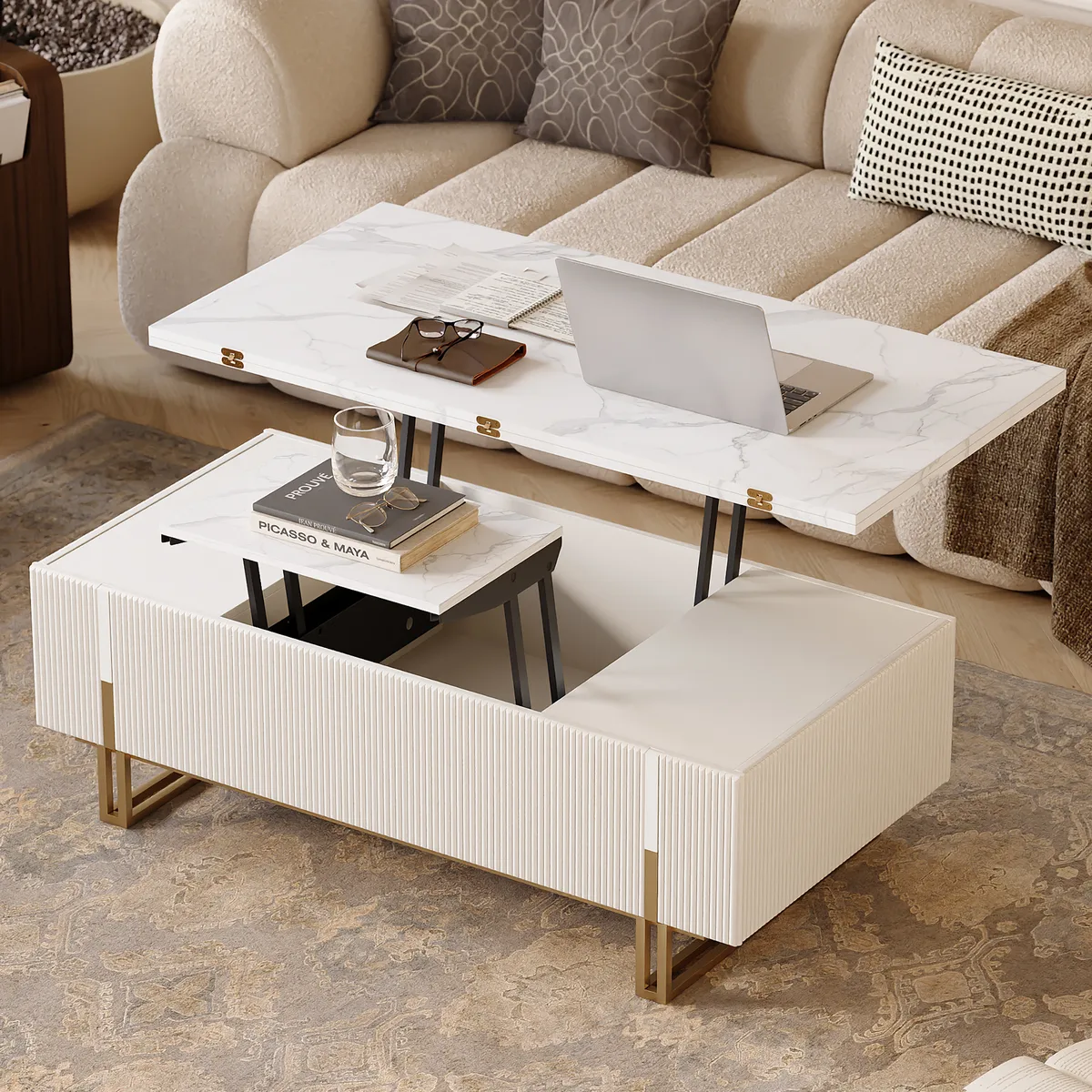 47.2" Fluted Lift-Top Coffee Table with 2 Drawers