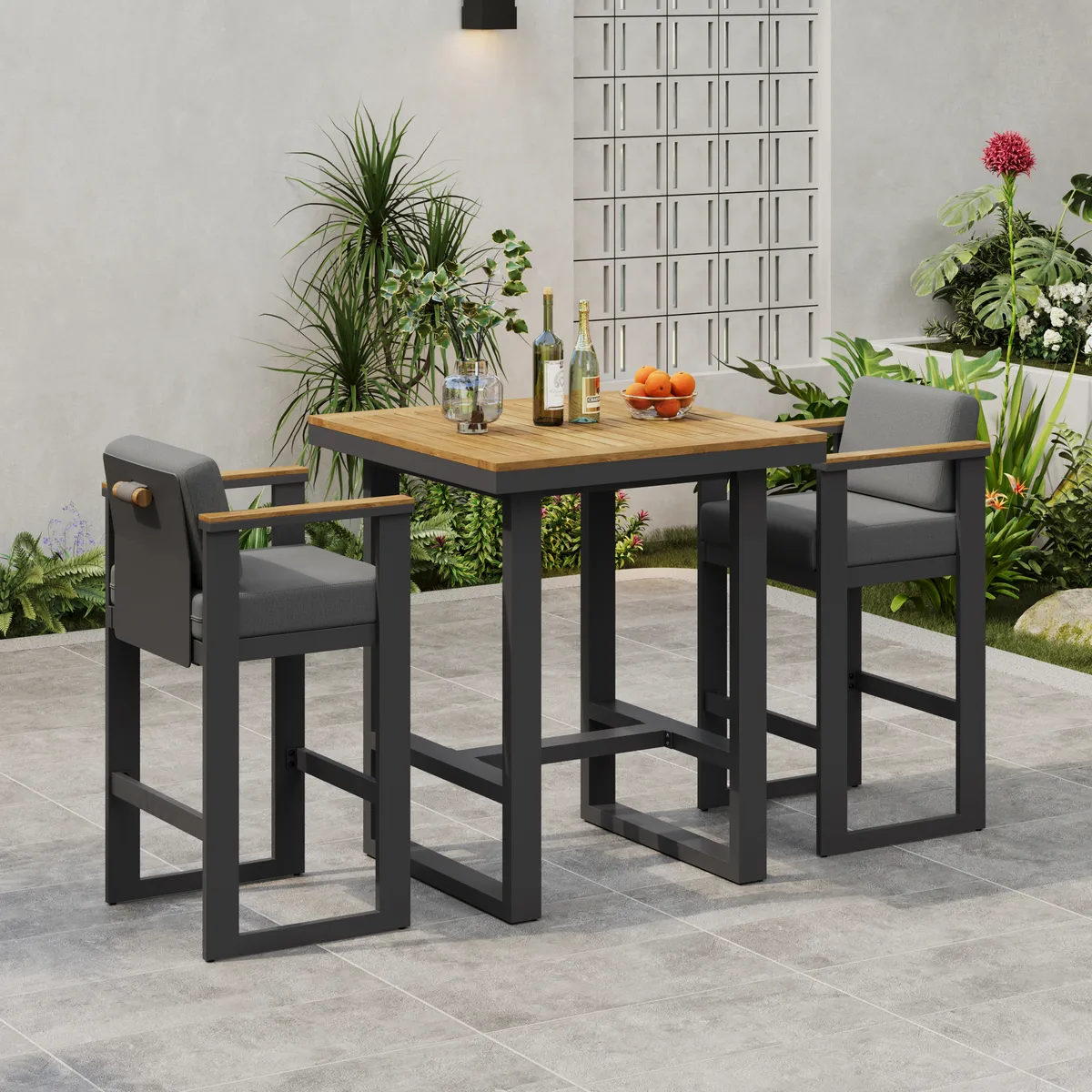 Tevara Outdoor Teak Wood Slat Top & Sand Aluminum Frame Bar Table for Patio — image 3