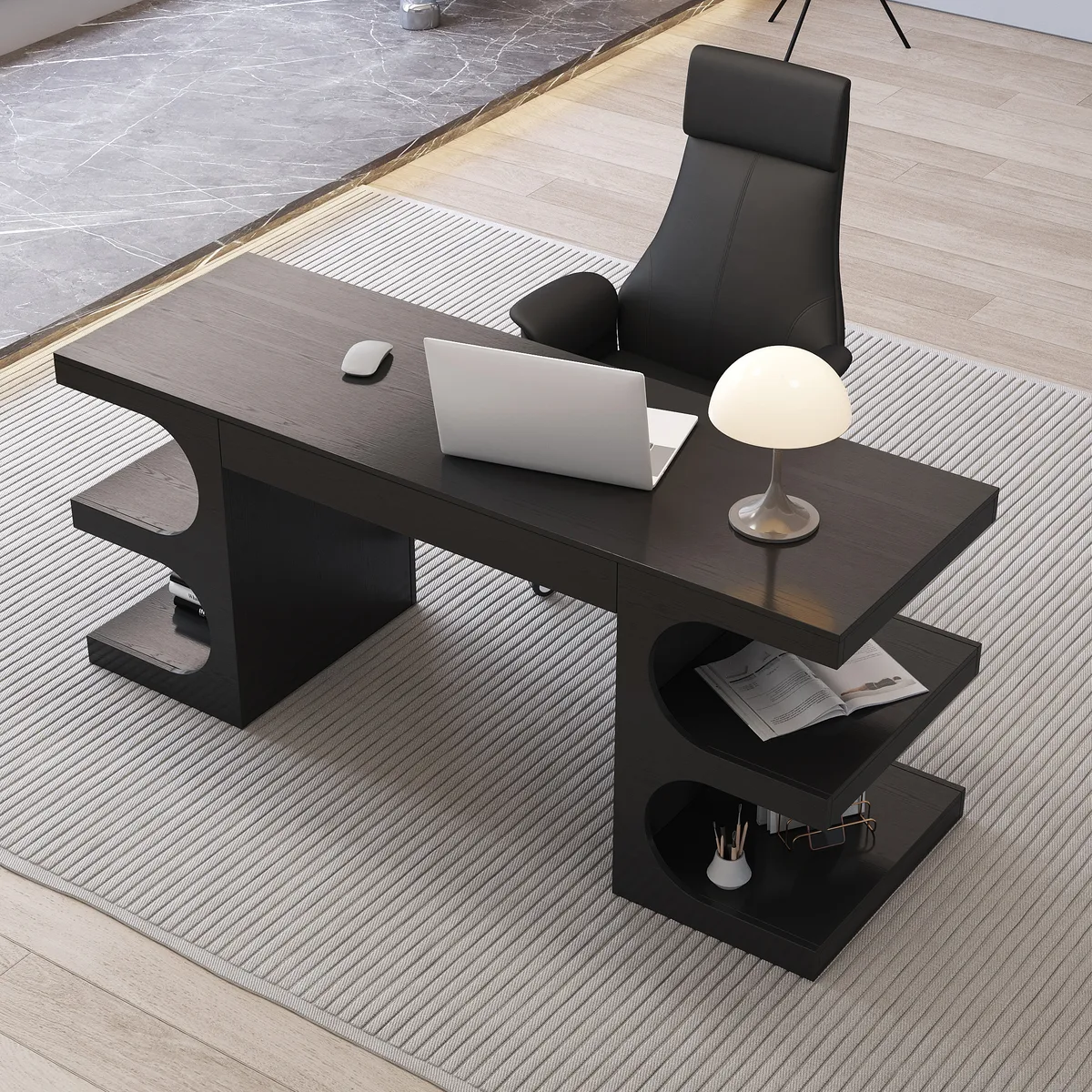 64.2" Black Wooden Writing Desk & Reclining Leather Office Desk Chair Set — image 2