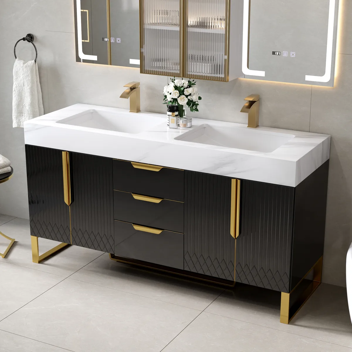 59" Double Sink Floating Vanity Set with LED Medicine Cabinet with Storage — image 16
