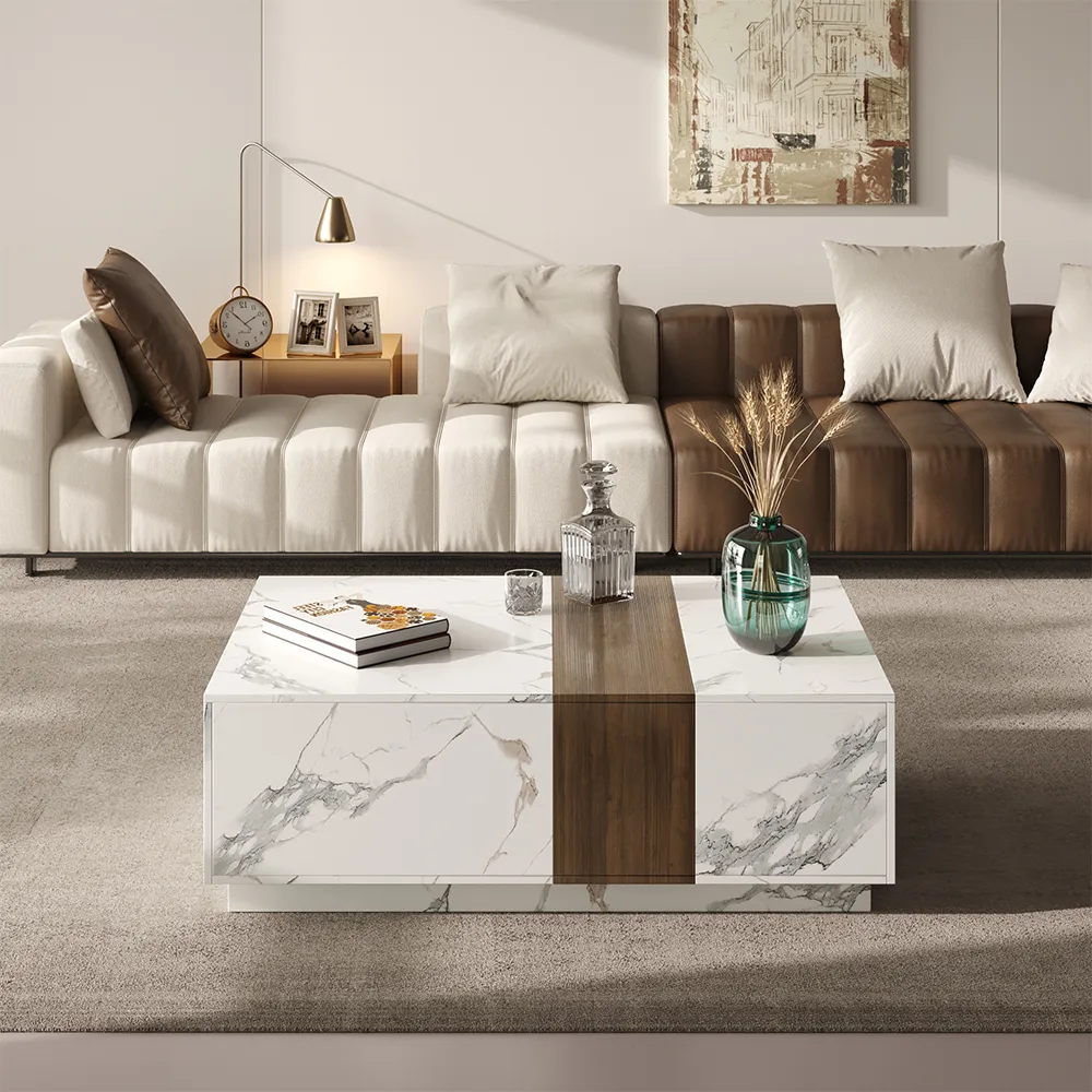 Vewal Wood Block Coffee Table Marble & Walnut Veneer in White with 2 Drawers — image 2