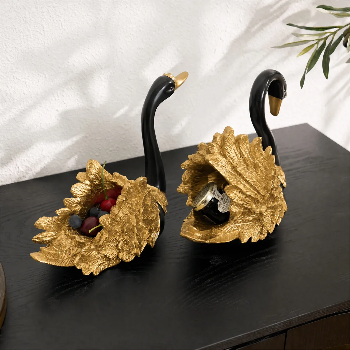 2-Piece Resin Swan Figurines, Black & Gold Decorative Storage Set — image 23