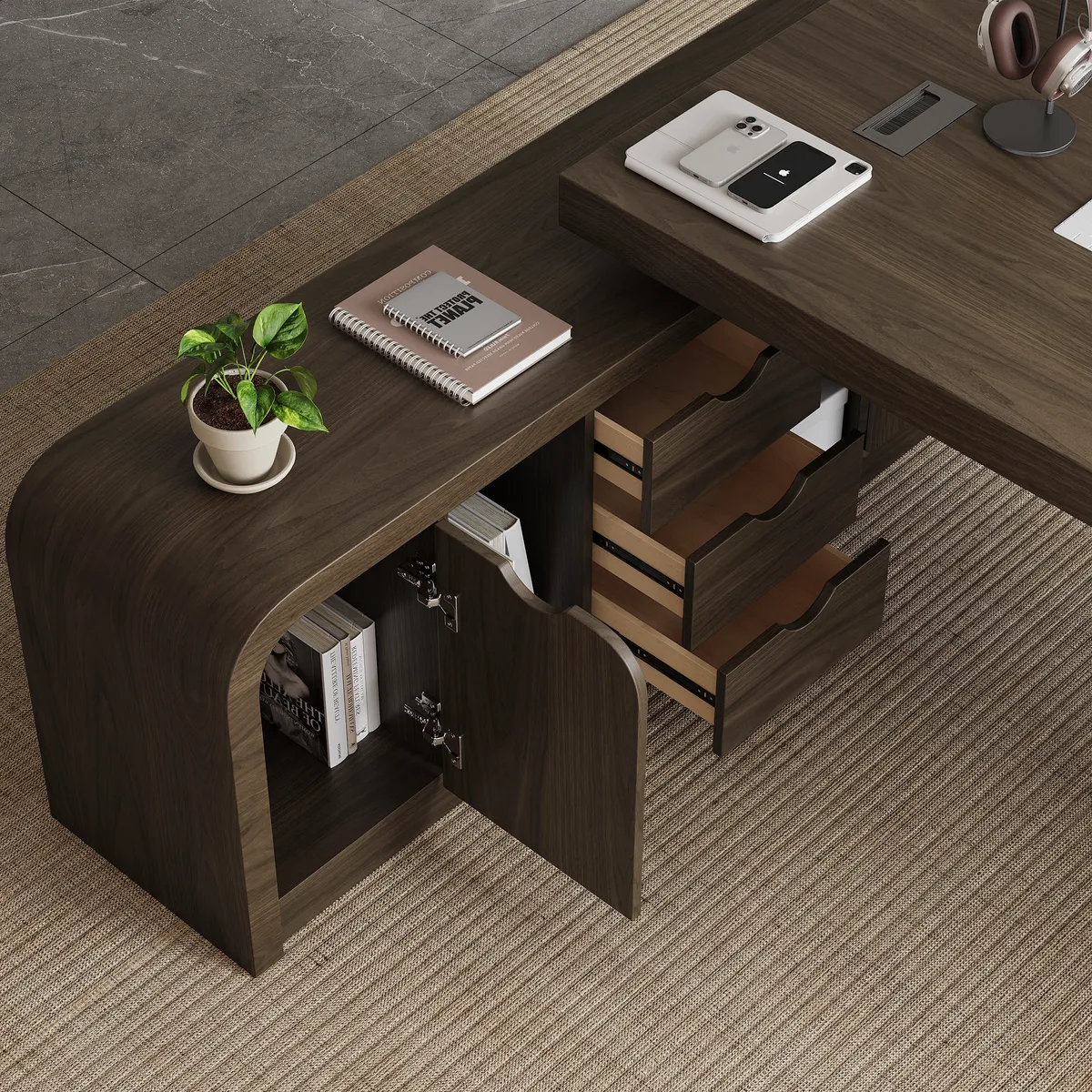 Chicent 71'' L-shaped Smoked Brown Computer Desk with Cabinet Left Hand — image 10