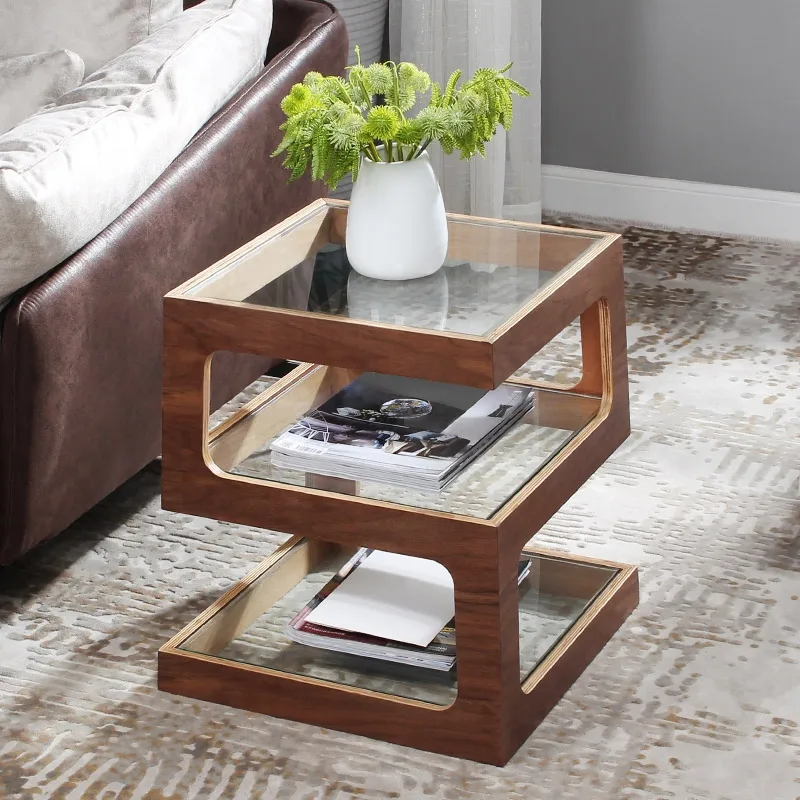 Modern Glass Side Table with 3 Tiers S-shaped End Table