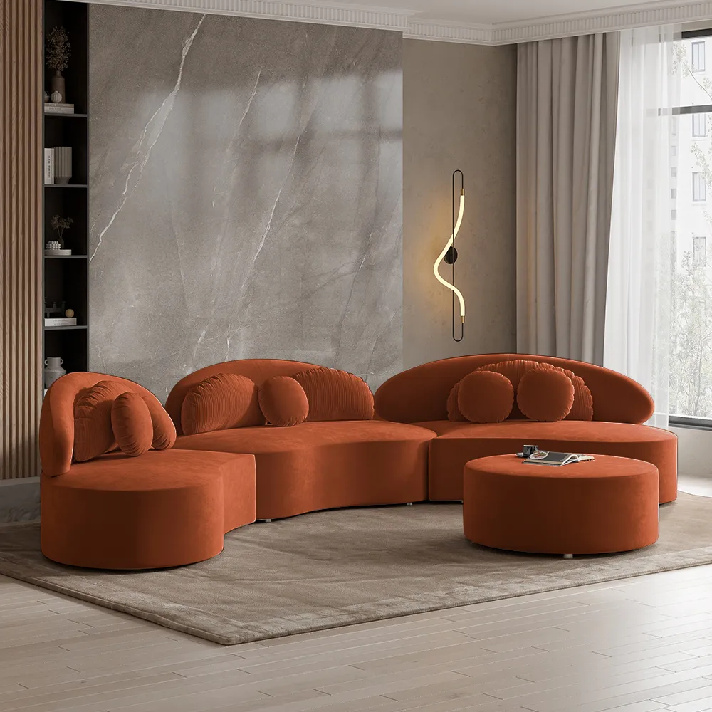Modern 7 Seat Sectional Sofa Curved Modular Beige Velvet Upholstered with Ottoman — image 23