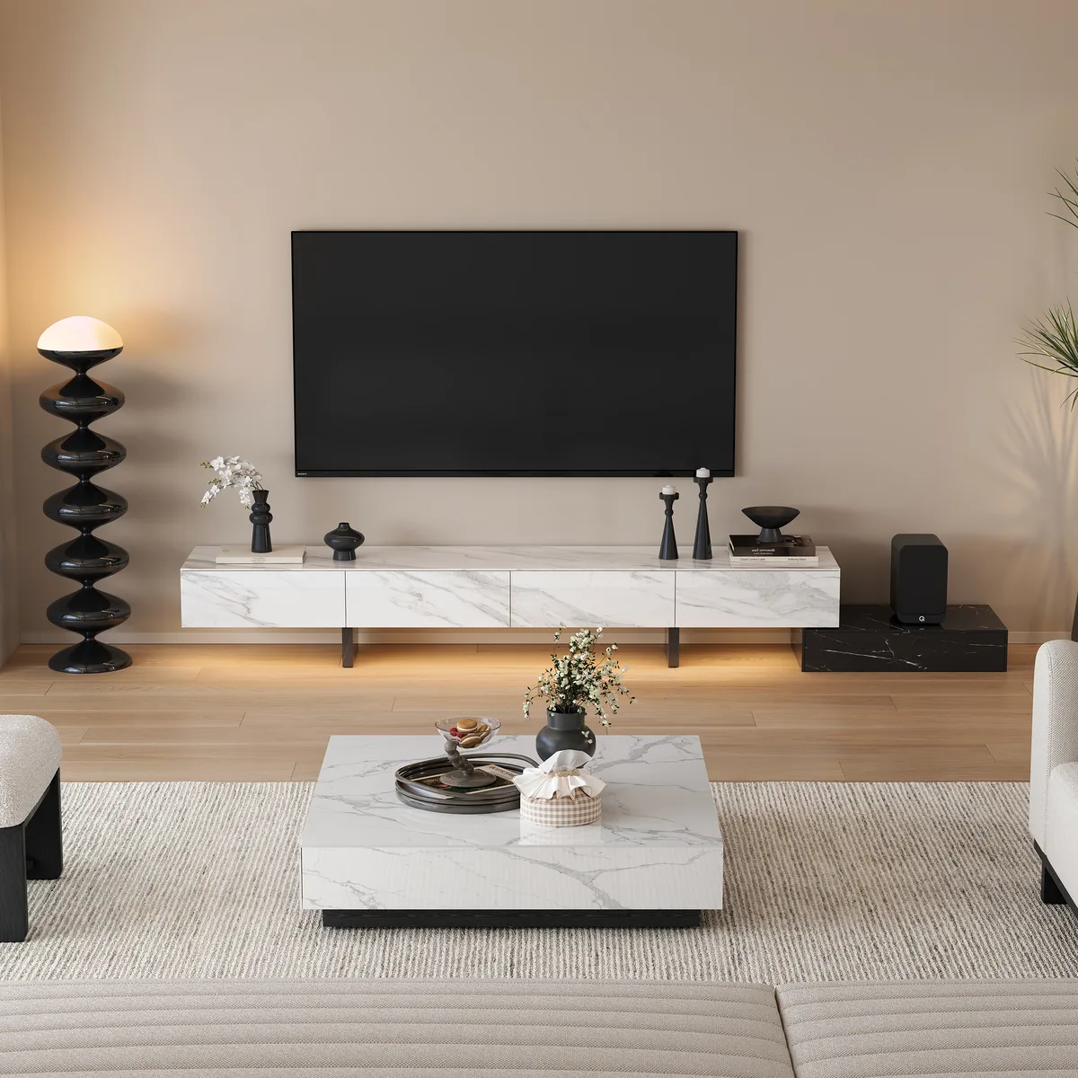 87"-106" Extendable TV Stand with Sintered Stone Top & 5 Drawers — image 4
