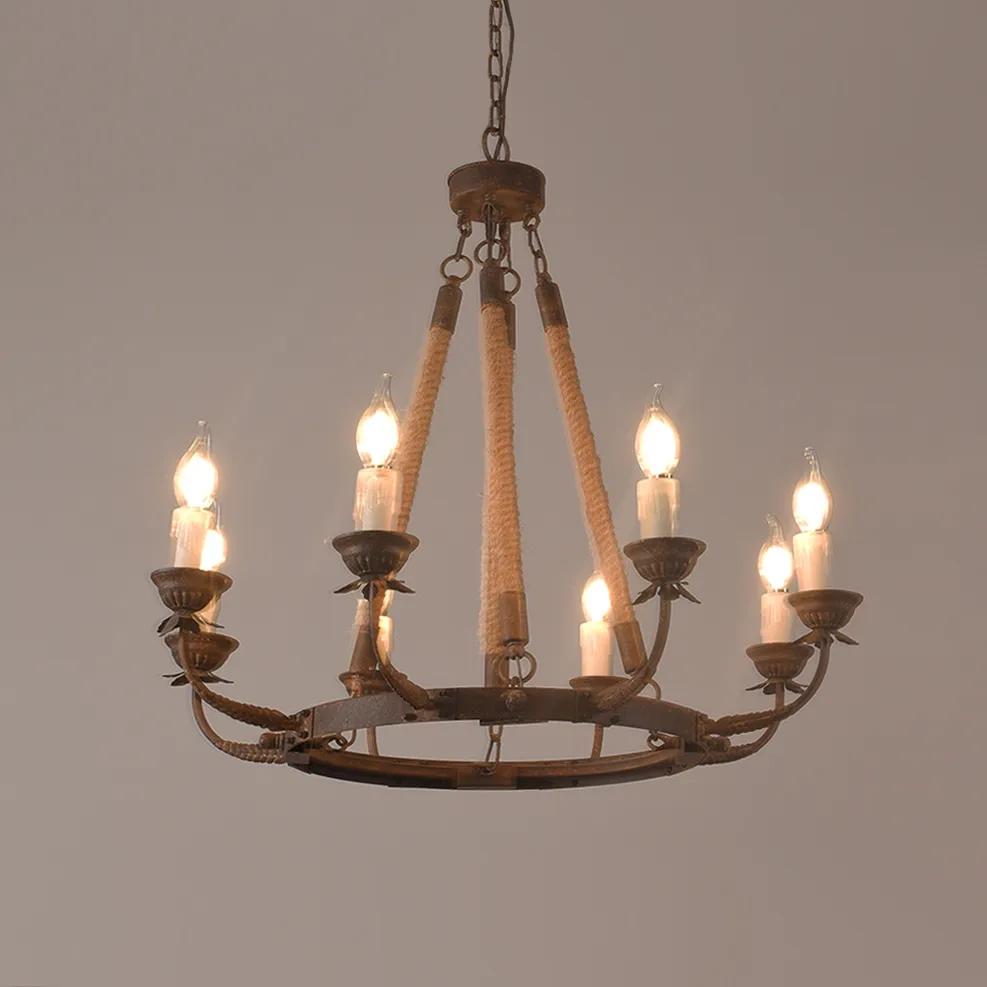 Bever Vintage 12-Light Candelabra Wagon Wheel Chandelier with Flaxen Hemp Rope — image 16