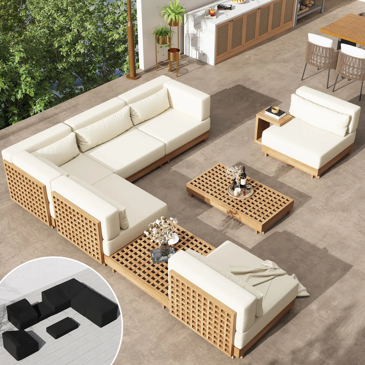 Grida 9-Piece Teak Luxury Modular L-Shaped Outdoor Patio Sectional Sofa Set in Gray with Coffee Table and Cushions — image 26