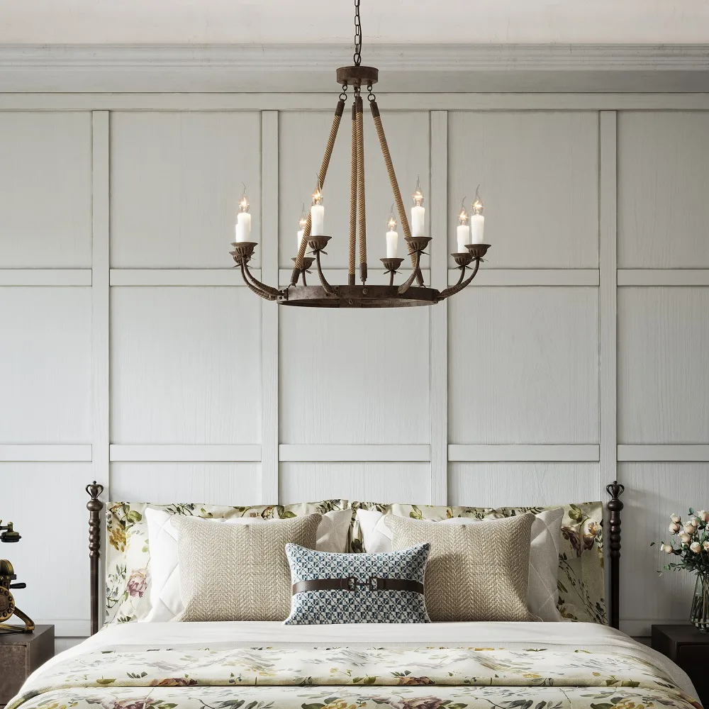 Bever Vintage 12-Light Candelabra Wagon Wheel Chandelier with Flaxen Hemp Rope — image 15