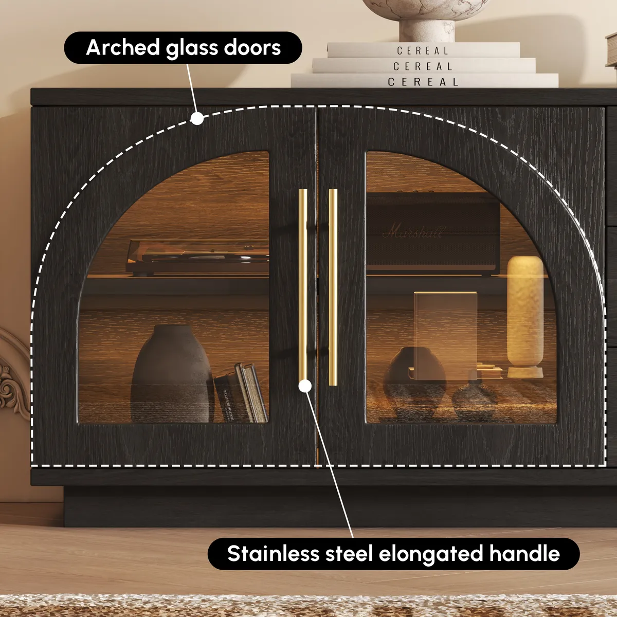 Arune 72" Japandi Whitewash TV Stand Coffee Table Set with LED Lights and Arched Glass Cabinet Doors — image 18