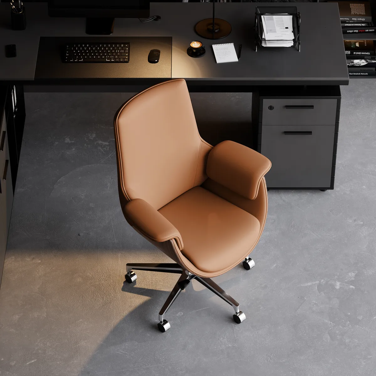 Black Leather Modern Home Office Chair Upholstered High Back Desk Chair Wood Grain Frame — image 15