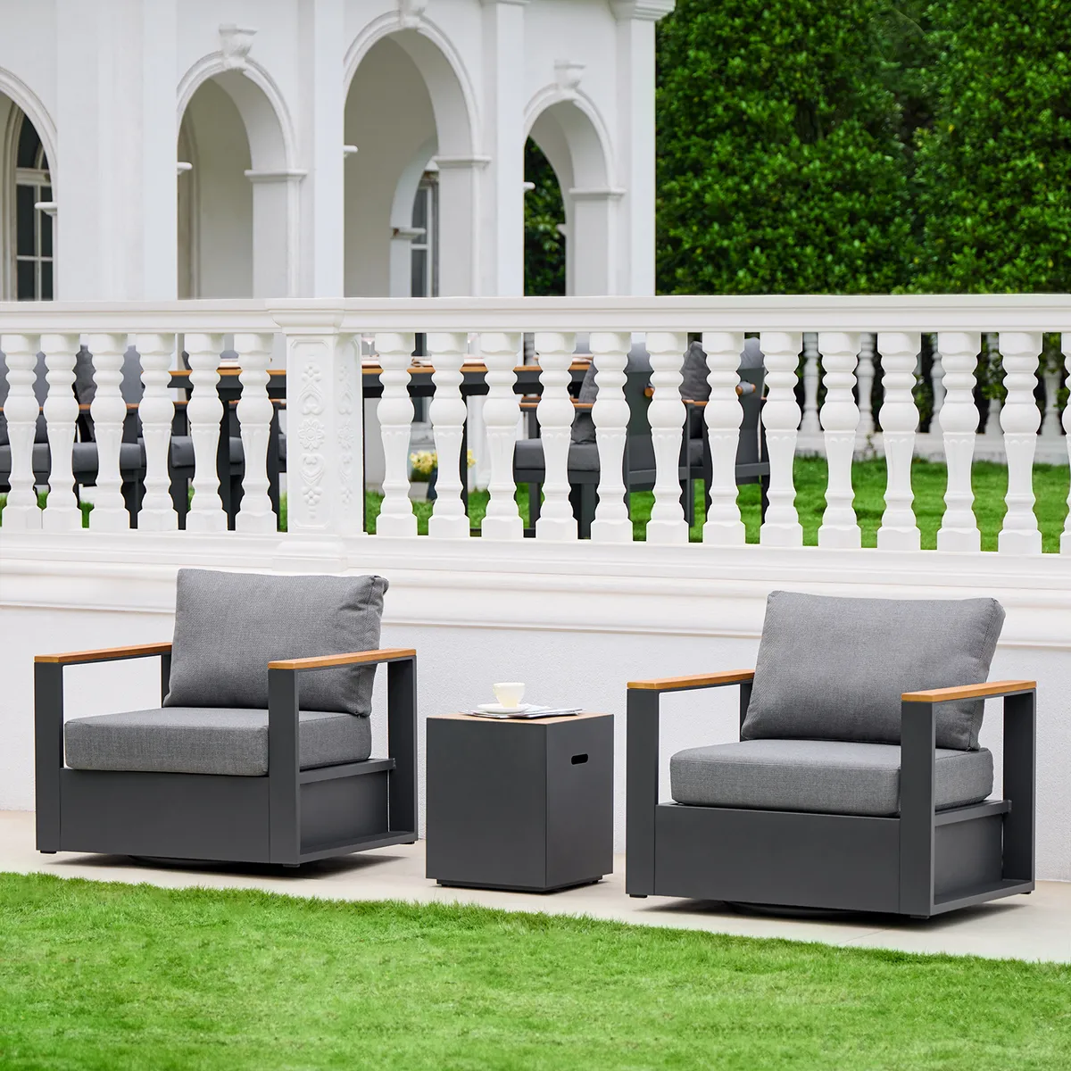 Tevara Teak & Aluminum Outdoor Swivel Chair Modern Yard & Patio Furniture in Gray Cushion Included — image 15