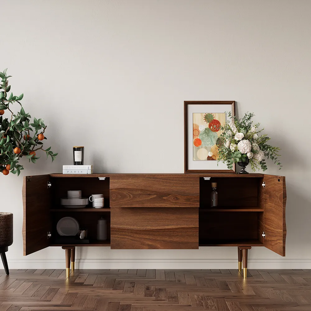 Lake 71" Walnut Sideboard Credenza with Storage Buffet Kitchen Cabinet Wavy Mid-Century — image 3