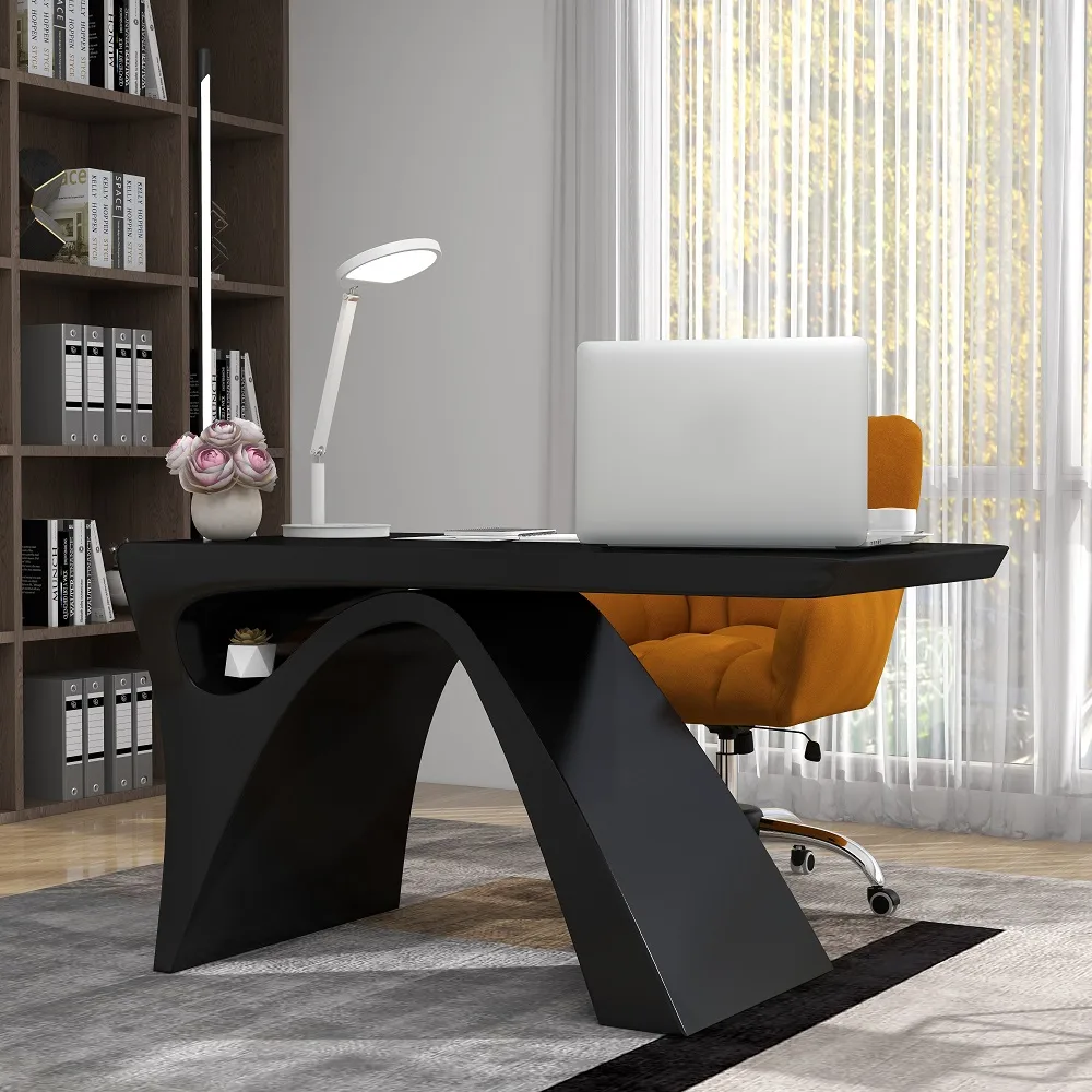 Modern 55" Rectangular Black Writing Desk with Arched Base — image 2