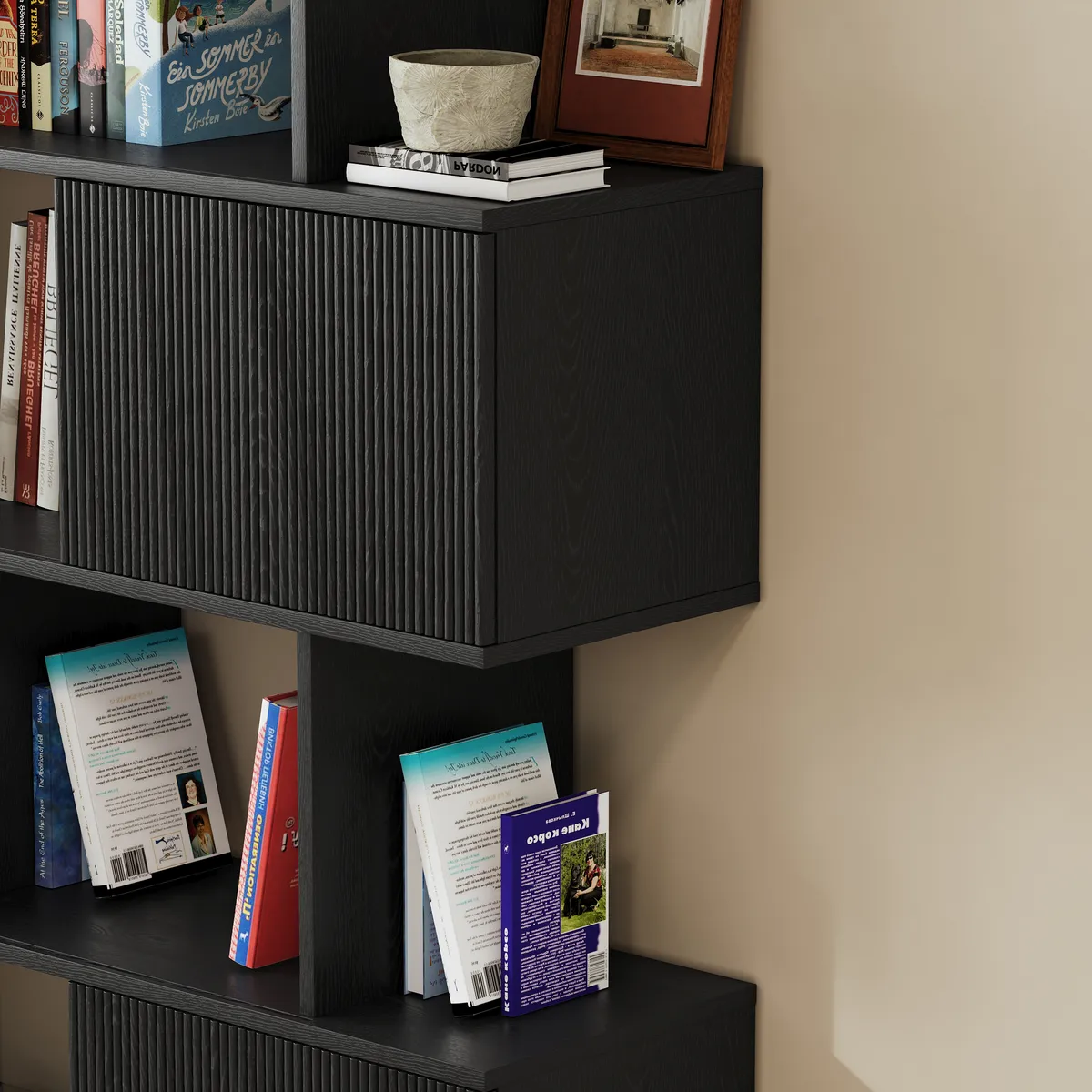 Modern 60" Black Standing Office Desk & Sliding Door Etagere Bookshelf — image 10