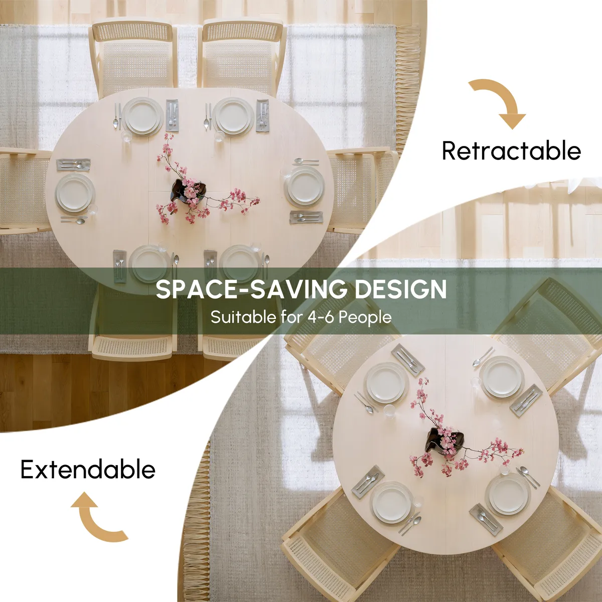Japandi 39"-55" Extendable Dining Table for 6 White Oval&Round Table Pedestal — image 16
