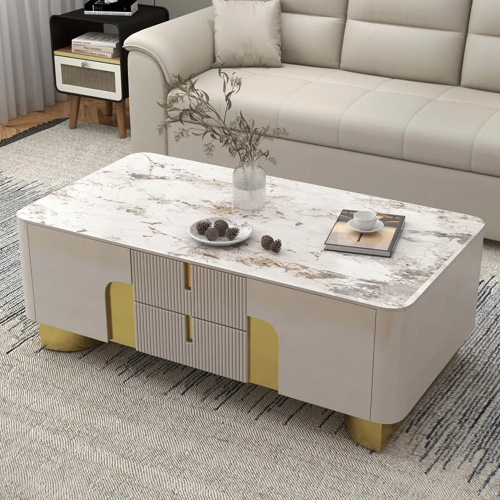 Artis Modern Beige Rectangle Large Coffee Table Drawers Sintered Stone Gold Base — image 2