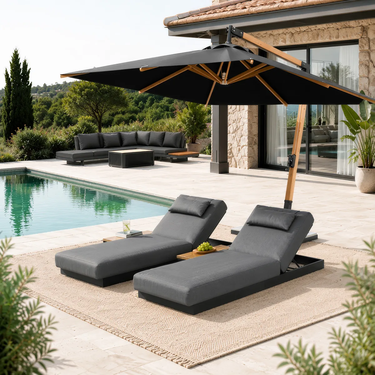 Tevara Single Outdoor Teak & Aluminum Adjustable Chaise Lounge with Black Cover — image 22