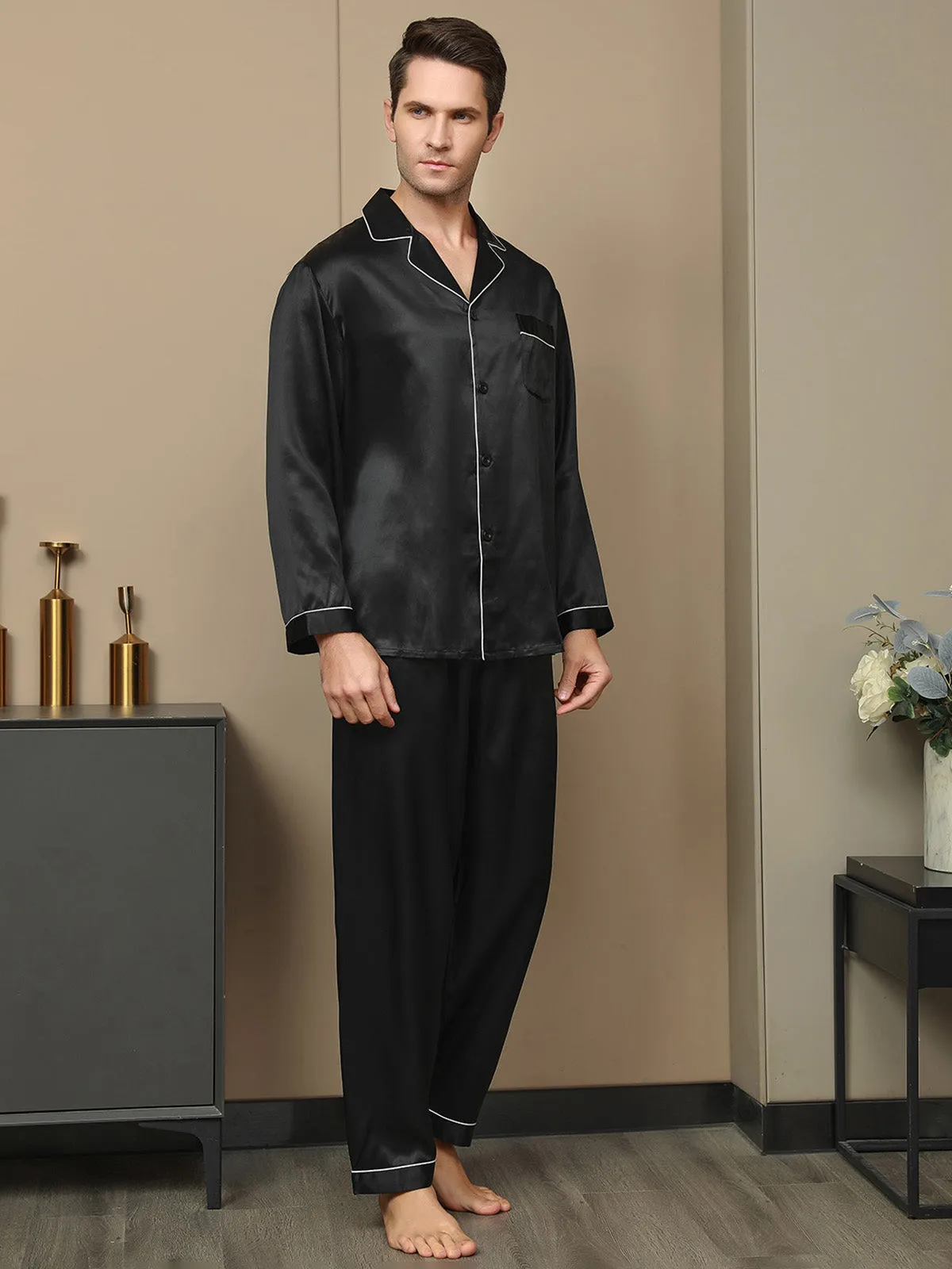 100% Mulberry Silk Long Sleeve Notch Collar Men's Pajamas Set with Button Up Design — image 3