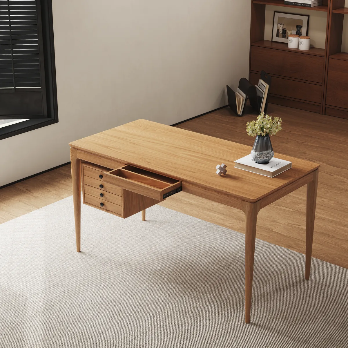 Mid-Century Style 55.1" Whitewash Ash Wood Home Office Desk with 3 Storage Drawers and Metal Accents — image 24