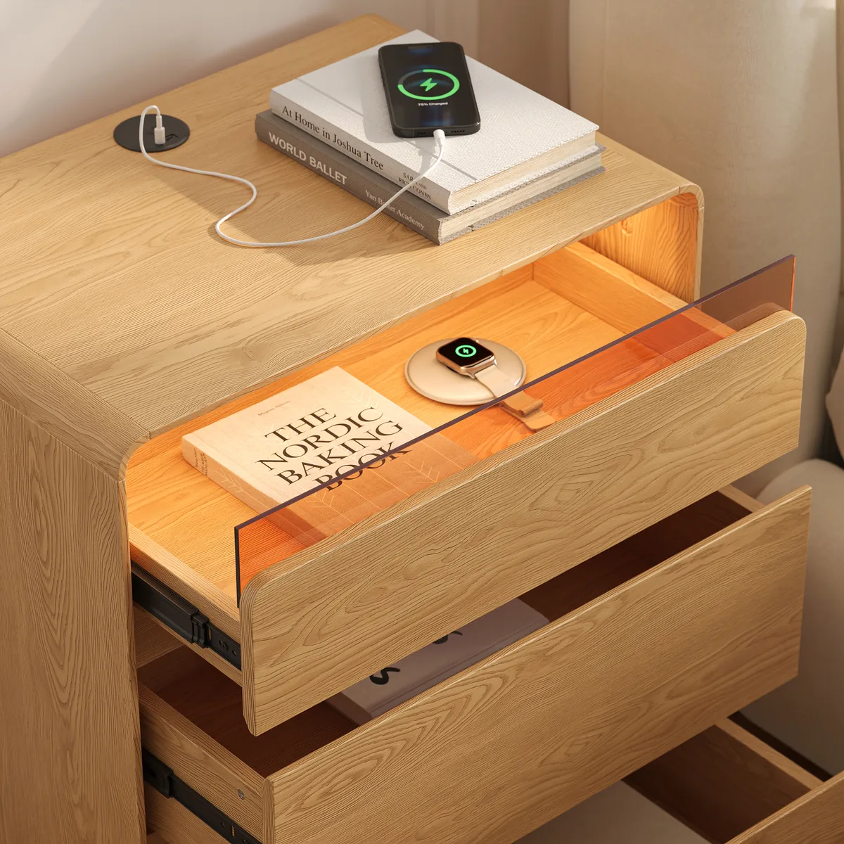 24" Wooden 3-Drawer Smart Nightstand With LED Lighting & Charging Station — image 9