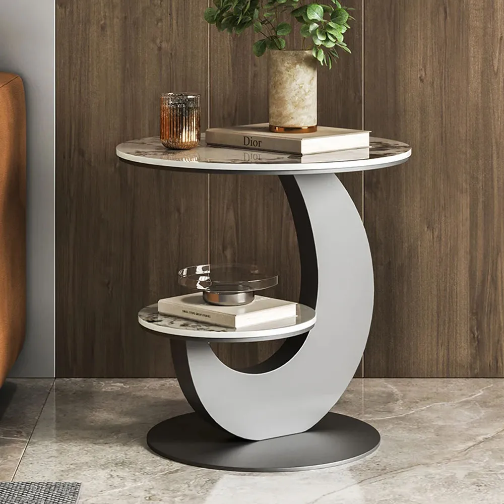 Round Faux Marble 2 Tier End Table Modern White & Gold Side Table — image 24