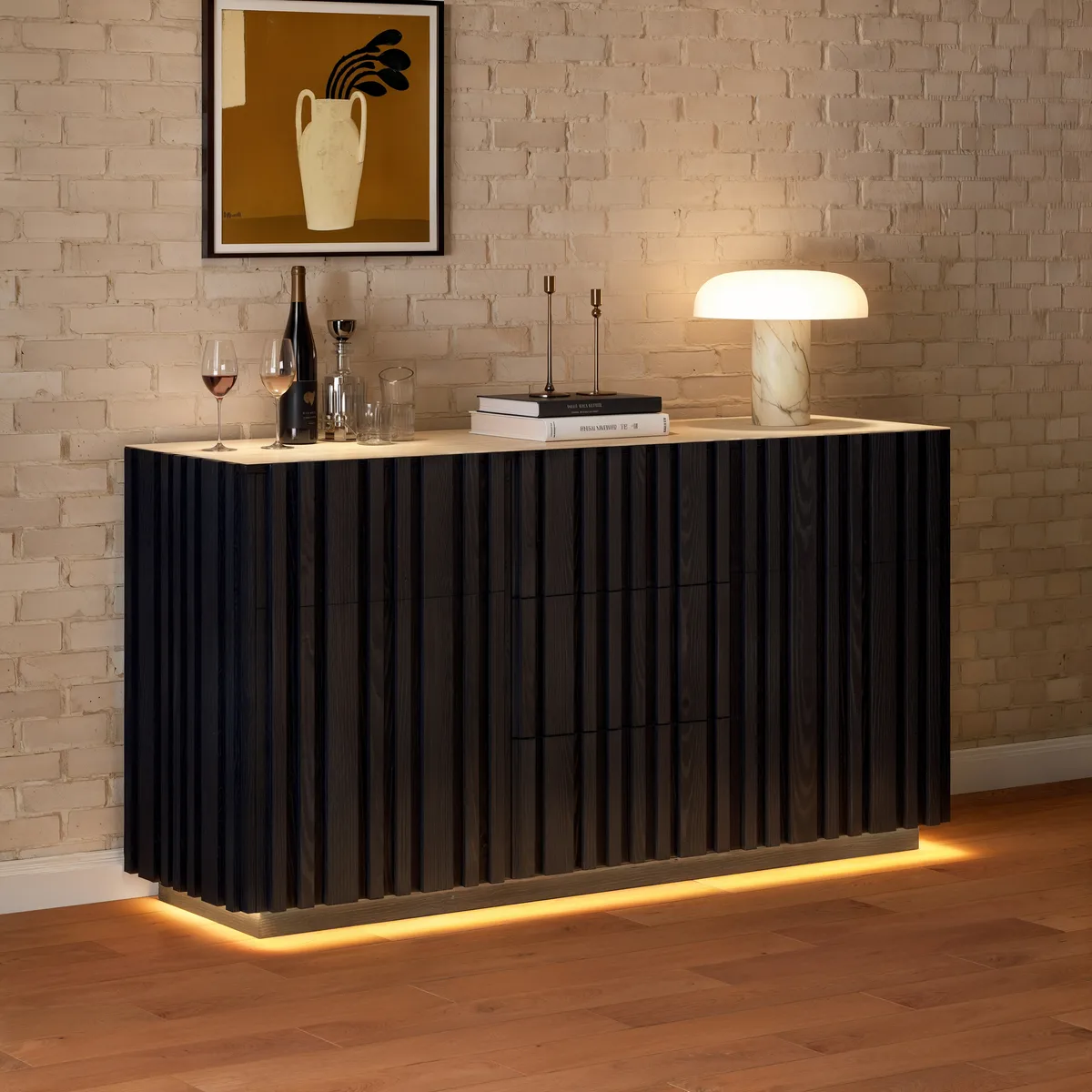 Aura 60" Faux Travertine Top Buffet Sideboard with Ash Wood Slatted Panels & Light
