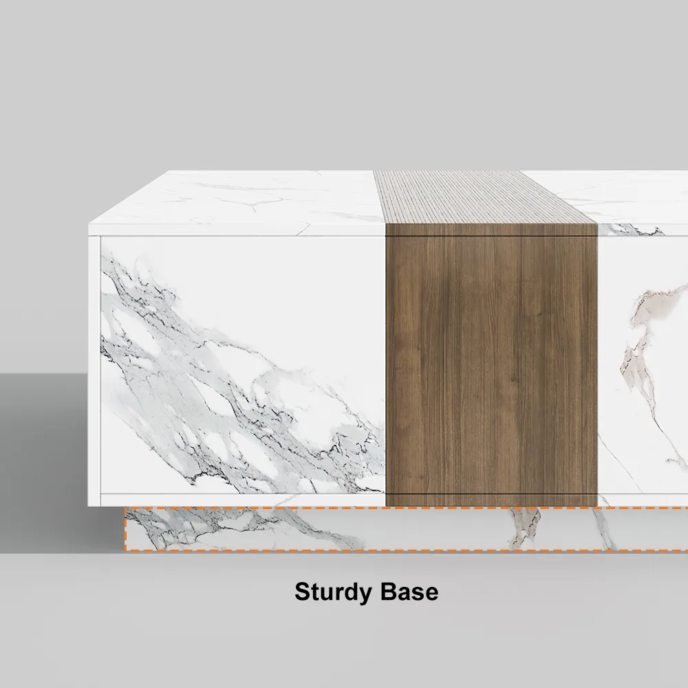 Vewal Wood Block Coffee Table Marble & Walnut Veneer in White with 2 Drawers — image 9