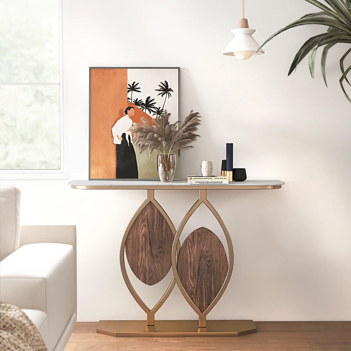 39.4" White Console Table Wooden Accent Table For Entryway with Sintered Stone Top & Abstract Base in Rose Gold & Walnut Finish — image 5