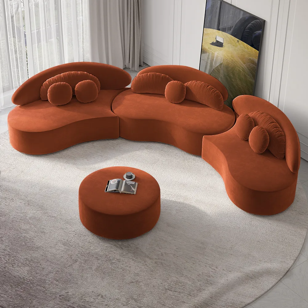 Modern 7 Seat Sectional Sofa Curved Modular Beige Velvet Upholstered with Ottoman — image 22