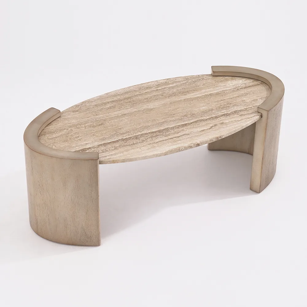43" Japandi Oval Travertine Stone Top Coffee Table — image 10