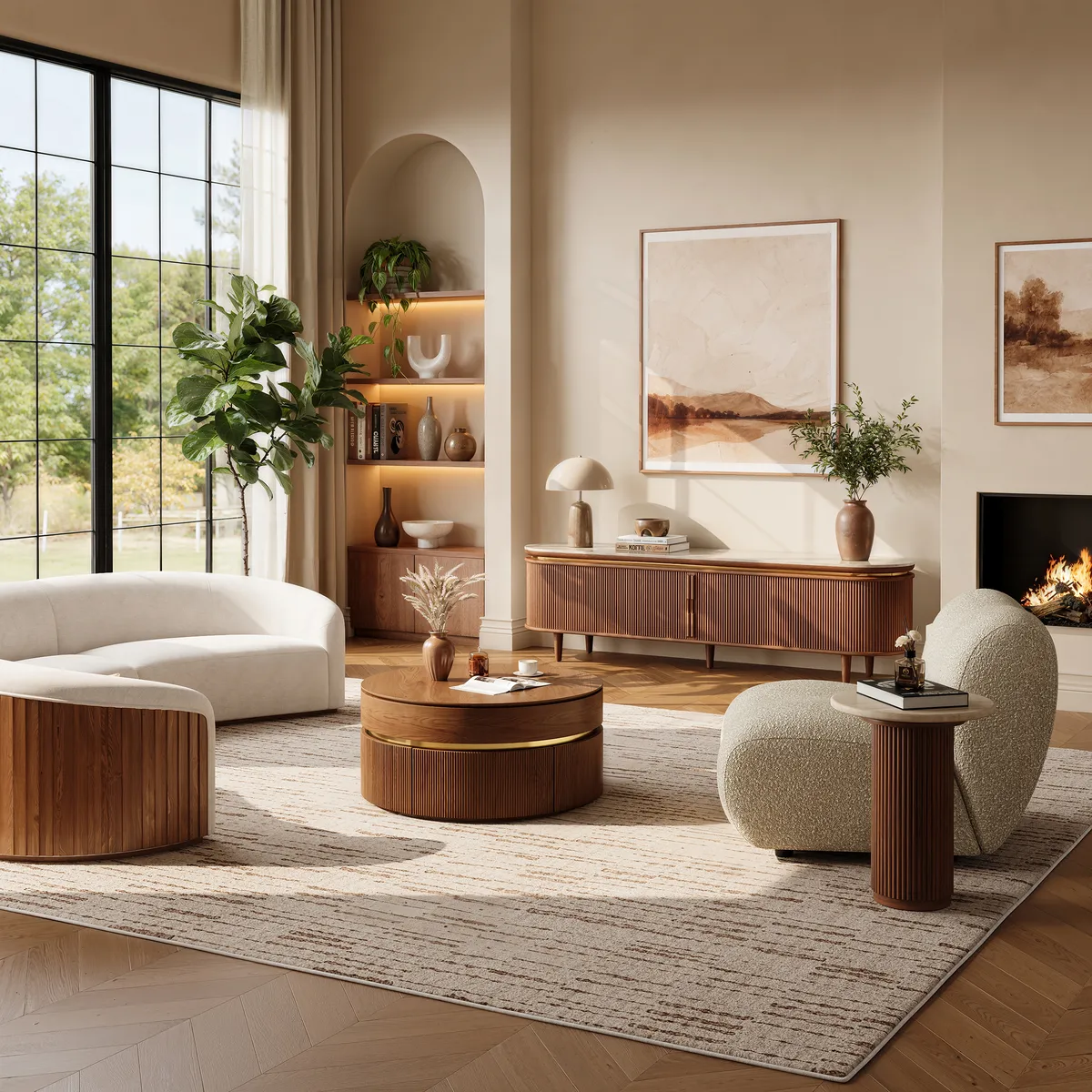 79" Ash Wood Walnut Fluted TV Stand with Sintered Stone Top — image 5