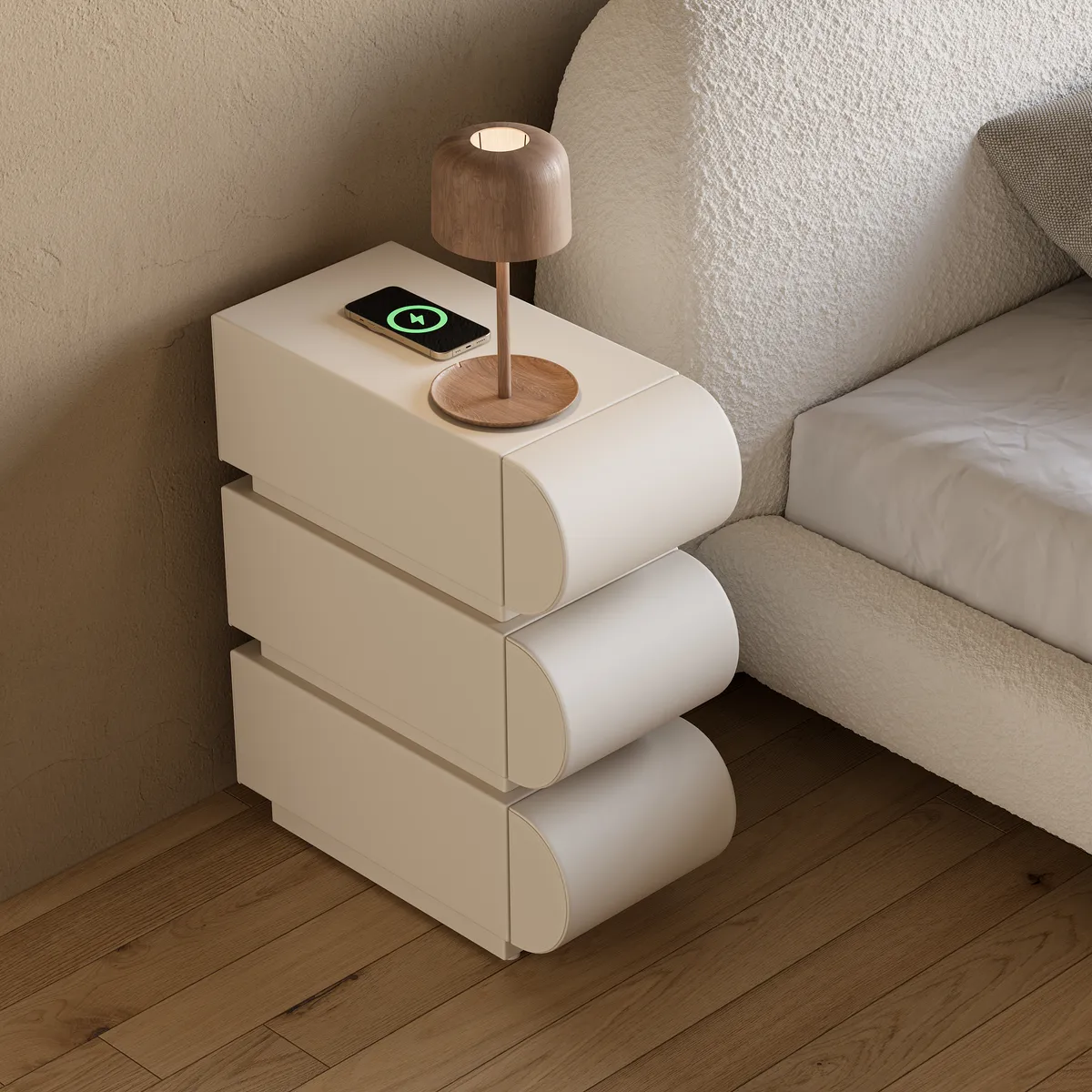 Narrow Humply Leather 3-Drawer Smart Nightstand with Sintered Stone Top