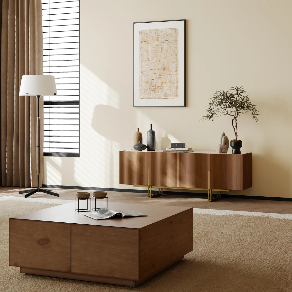 87" Stone Top Walnut TV Stand Minimalist Media Console with 4 Doors & 6 Shelves — image 26