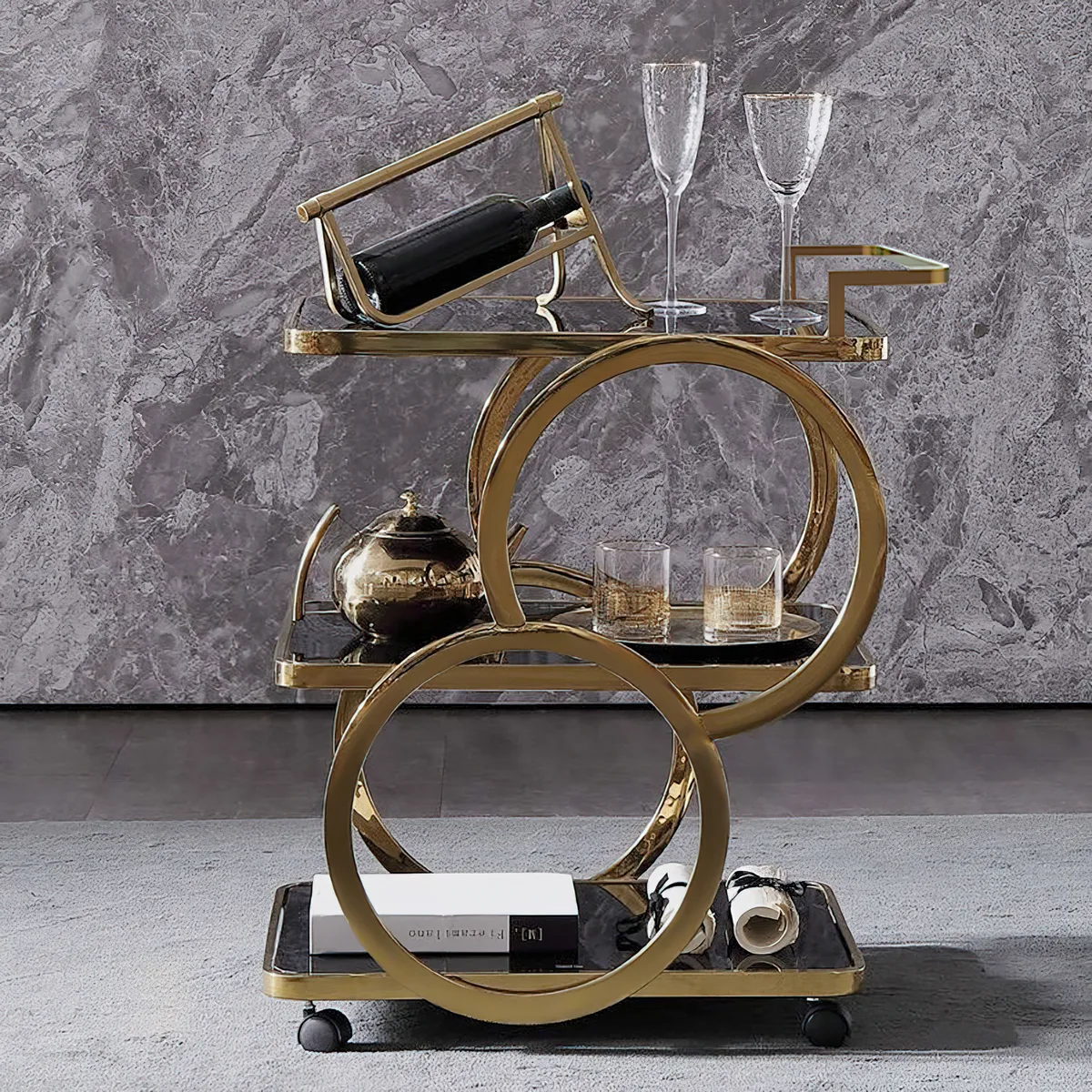 Rolling 3-Tier on Wheel Bar Cart with Handle in Black & Brushed Gold Style — image 3