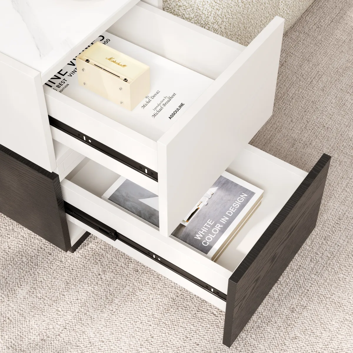 Travertine Stone Top Narrow Smart Side Table with Storage Modern Walnut End Table with USB Charging — image 20