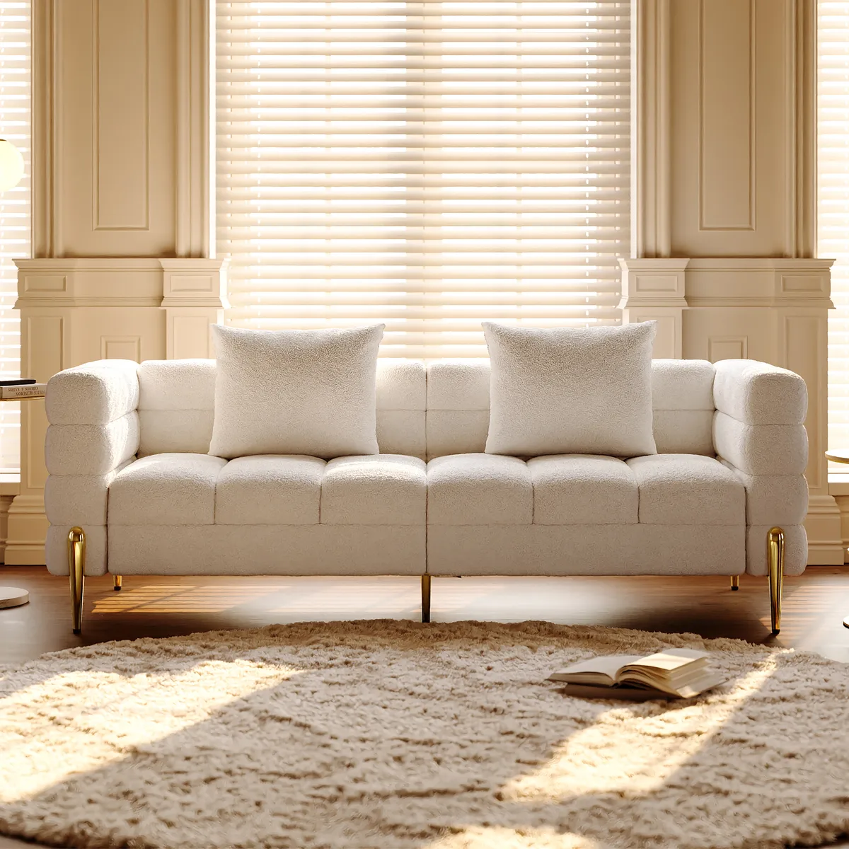 Living Room Couch Set of 2 White Boucle Upholstered Fluted 3-Seater Sofa with Pillows — image 18