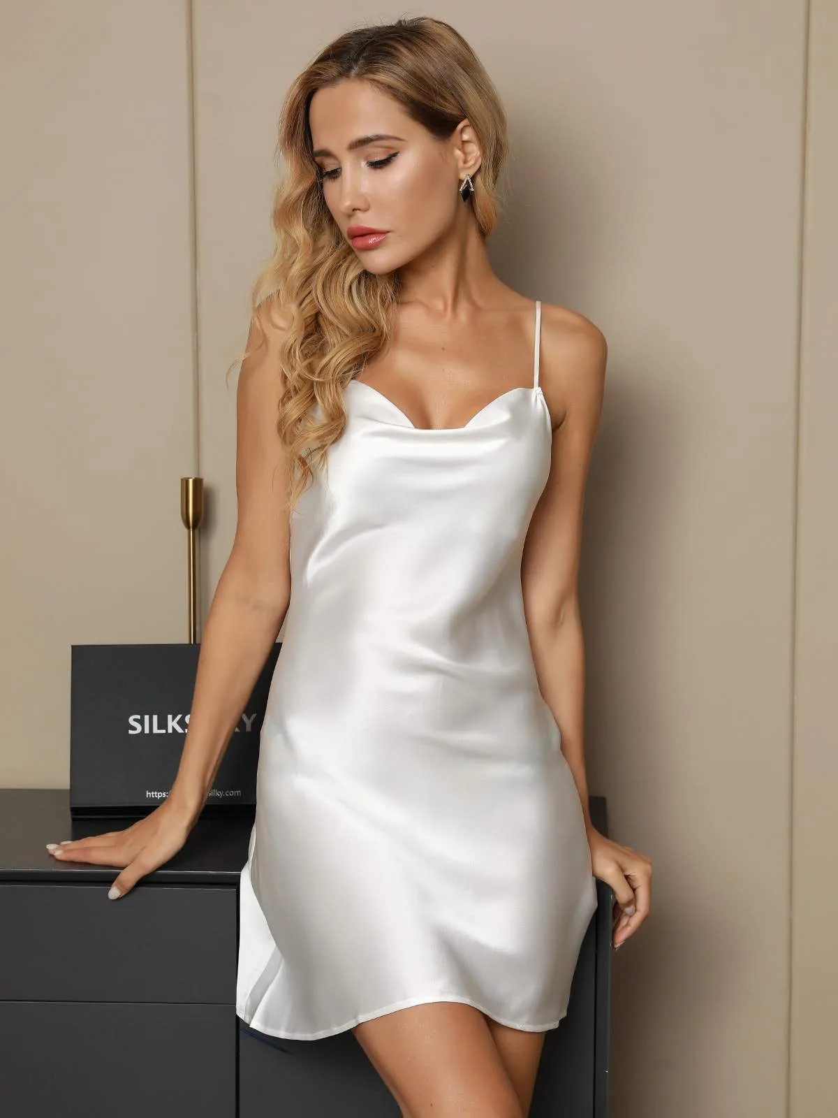 100% Mulberry Silk Spaghetti Strap Cowl Neck Short Nightgown — image 3